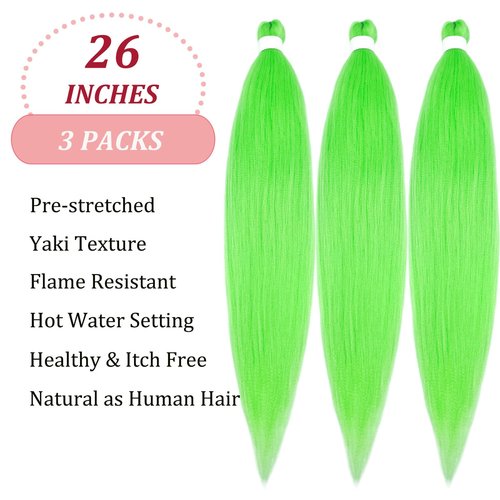UPruyo Neon Lime Green Braiding Hair Pre Stretched Prestressed Braiding Hair Weave Color Braiding Hair Extensions for Braids Synthetic Hair for Braiding (26 In 3 Packs)