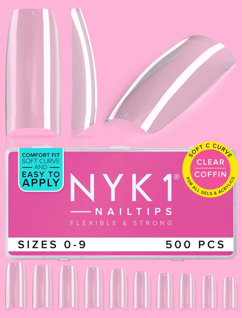Crease-Proof, Shatter-Resistant Coffin Nail Tips (500 PCS - 10 Sizes) NYK1 Clear Nail Tips For All Gels And Acrylic Nails Extensions - Easy Blend, No C Curve & Easy-to-Trim For Custom Fit