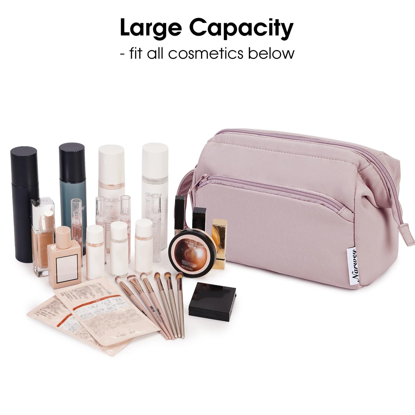 Narwey Large Makeup Bag Women Wide-open Make up Bag Travel Cosmetic Bag Organizer Toiletry Bag for Cosmetics Toiletries Accessories (Dusty Rose)