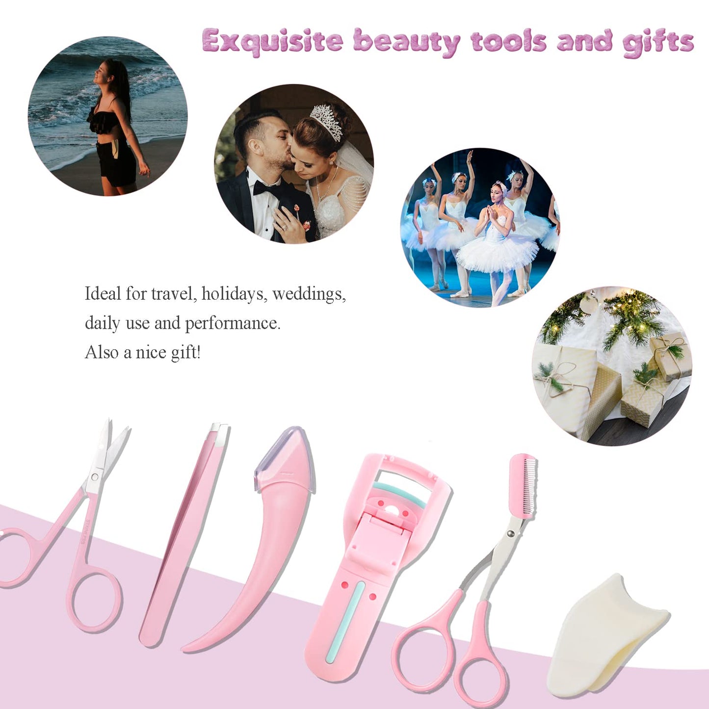 ONEUPIN 7-Piece Professional Eyebrow Grooming Kit with Razor, Tweezer, Eyelash Curler, False Eyelash Tool, Scissors, Comb - Women's Kit (Pink)