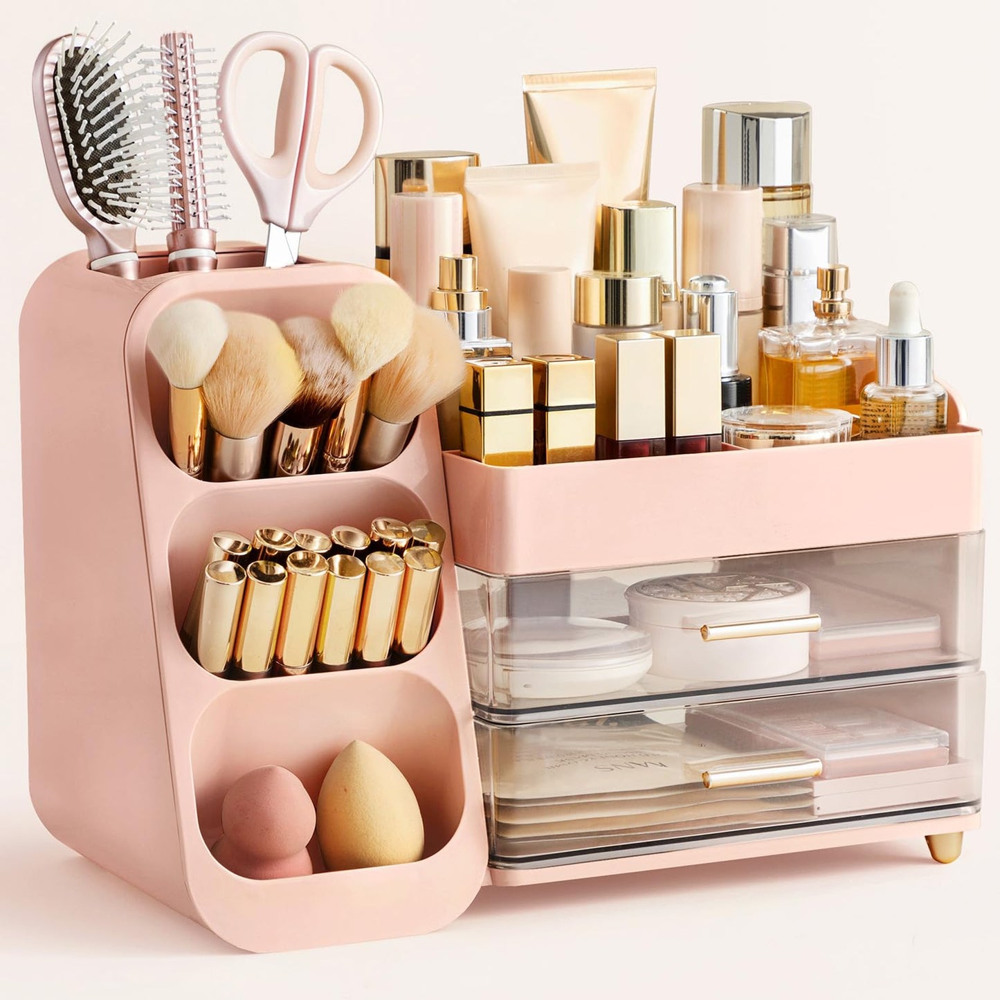 HBlife Makeup Organizer with Brush Holder for Vanity, Large Plastic Bathroom Countertop Organizer Skin Care Storage, Easy to Store Lipsticks, Nail Polishes, Perfumes, Eyeshadow Palettes, Pink