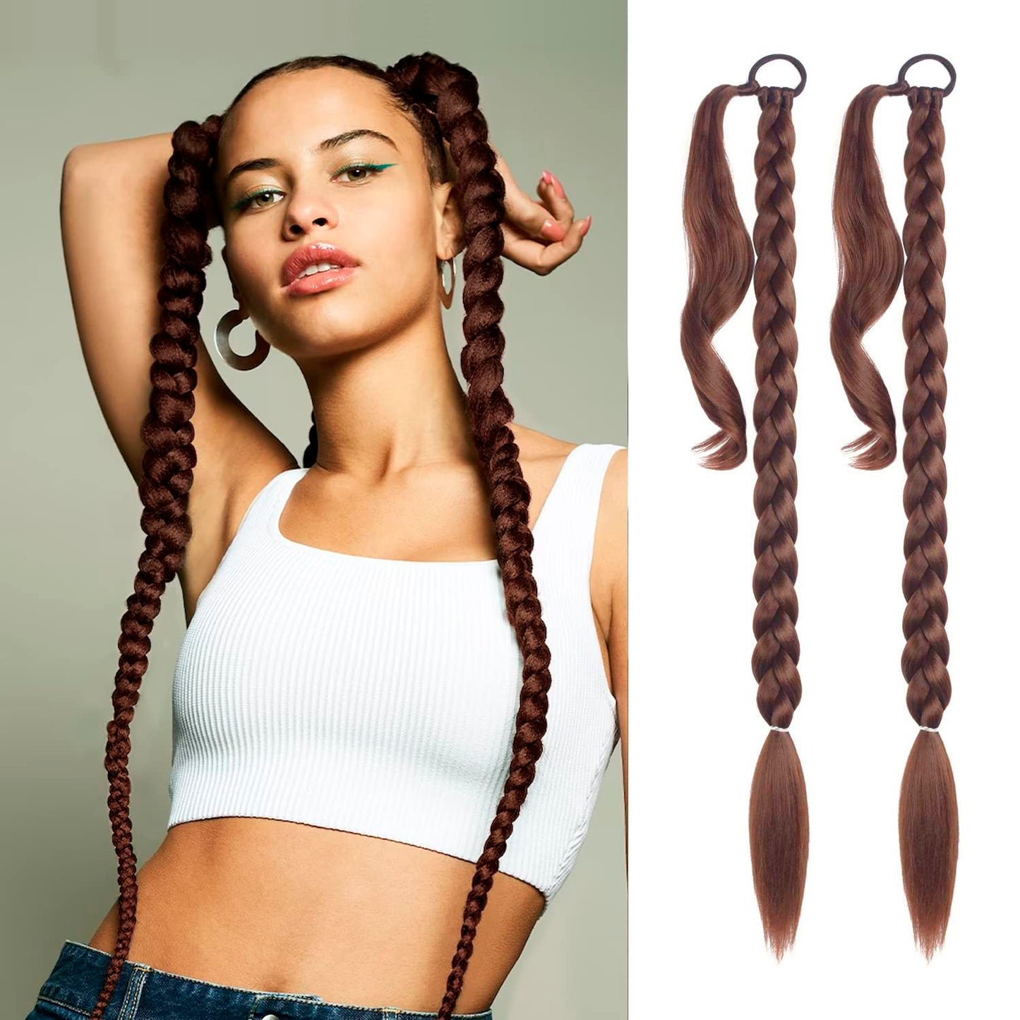 2 Pack Long Braided Ponytail Extension with Hair Tie Straight Wrap Around Hair Extensions Ponytail(6#)