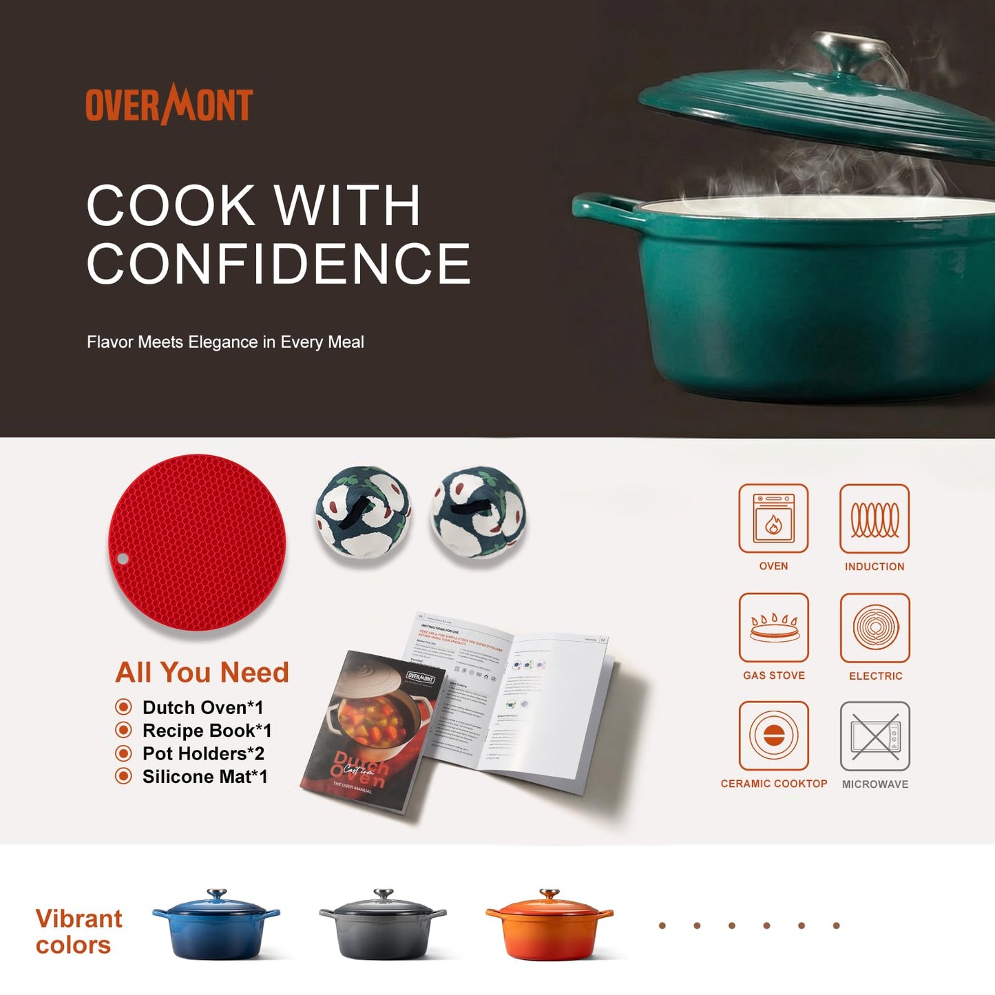 Overmont Enameled Cast Iron Dutch Oven - 4.5QT Pot with Lid Cookbook & Cotton Potholders - Heavy-Duty Cookware for Braising, Stews, Roasting, Bread Baking bottle green