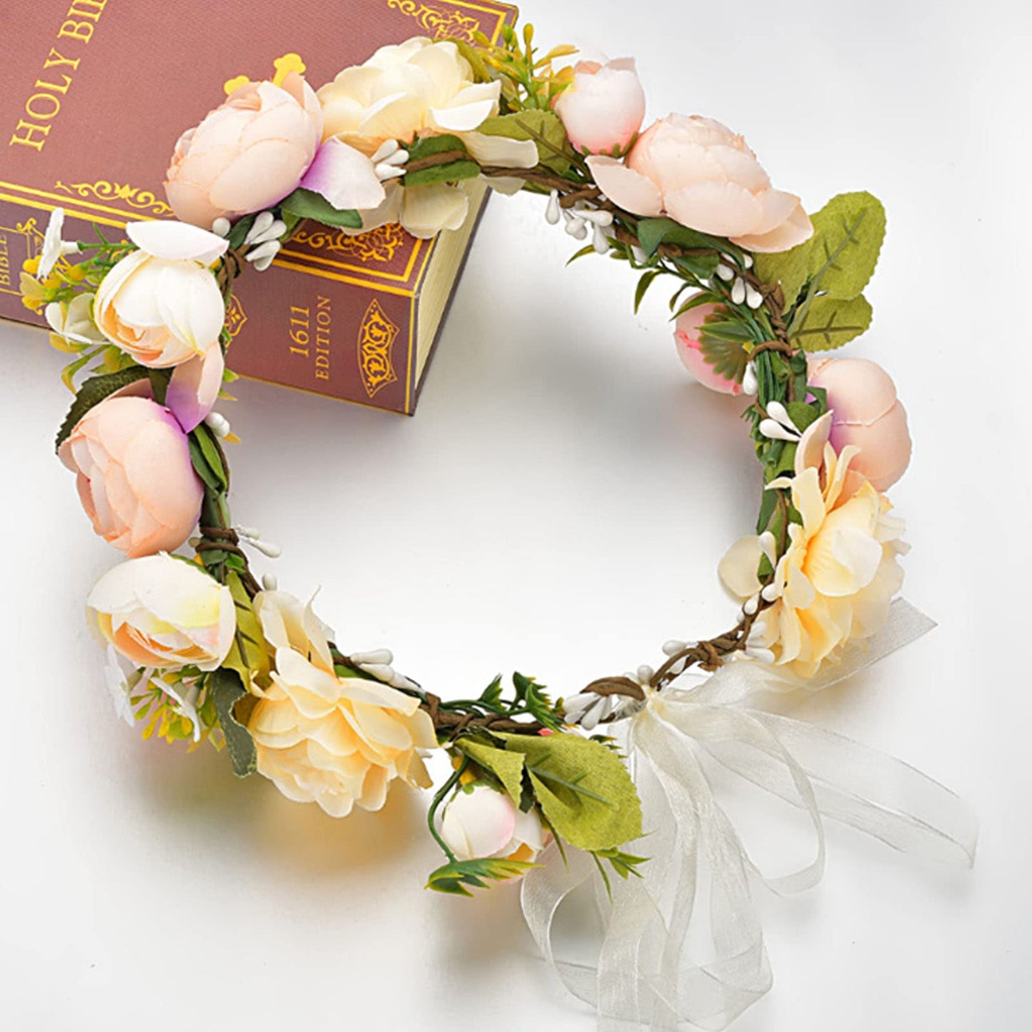 YnimioAOX Handmade Adjustable Flower Wreath Headband Halo Floral Crown Garland Headpiece,N5-champagne