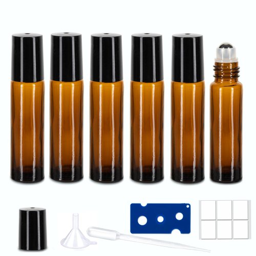 6 Pack Essential Oil Roller Bottles - 10ml Amber Glass Roll-On Bottles with Stainless Steel Roller Balls, Labels, 1*Openers, 1*Funnels, 1*Dropper