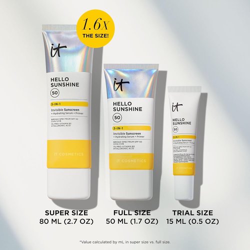 IT Cosmetics Hello Sunshine Invisible Sunscreen SPF 50 - Hydrating Serum & Makeup Primer with Pro-Vitamin B5 & Hyaluronic Acid - No White Cast, 1.7 oz