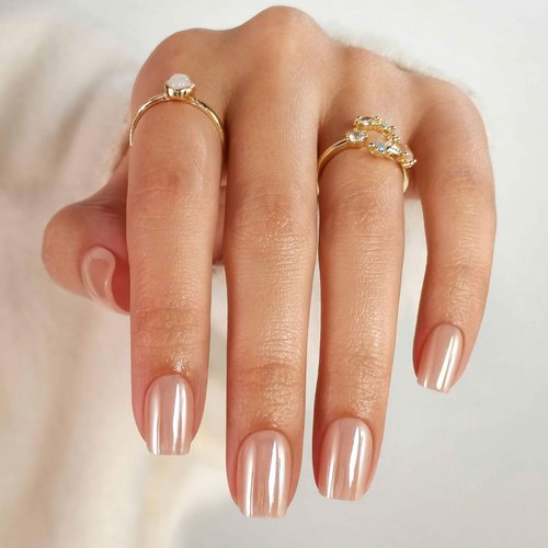 Nude Chrome Press on Nails Square - SHANGMENG Soft Gel Short Press on Nails for Women Gift, Fit Perfectly & Natural Glue on Nails in16 Sizes - 32 Reusable Fake Nails with Glue, Aurora Nude