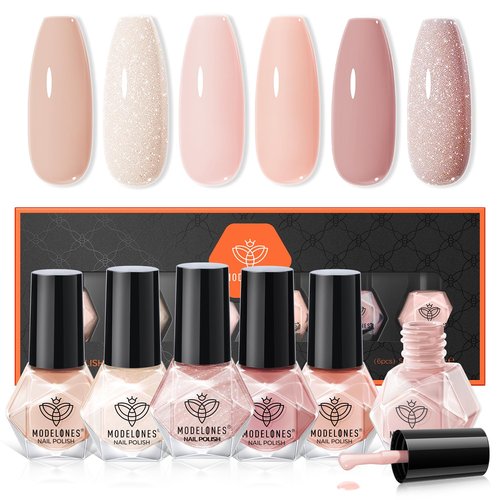 Modelones Nude Nail Polish Set - 6 Quick Dry Skin Tone Glitter Colors | Perfect for Home Nail Art Gifts