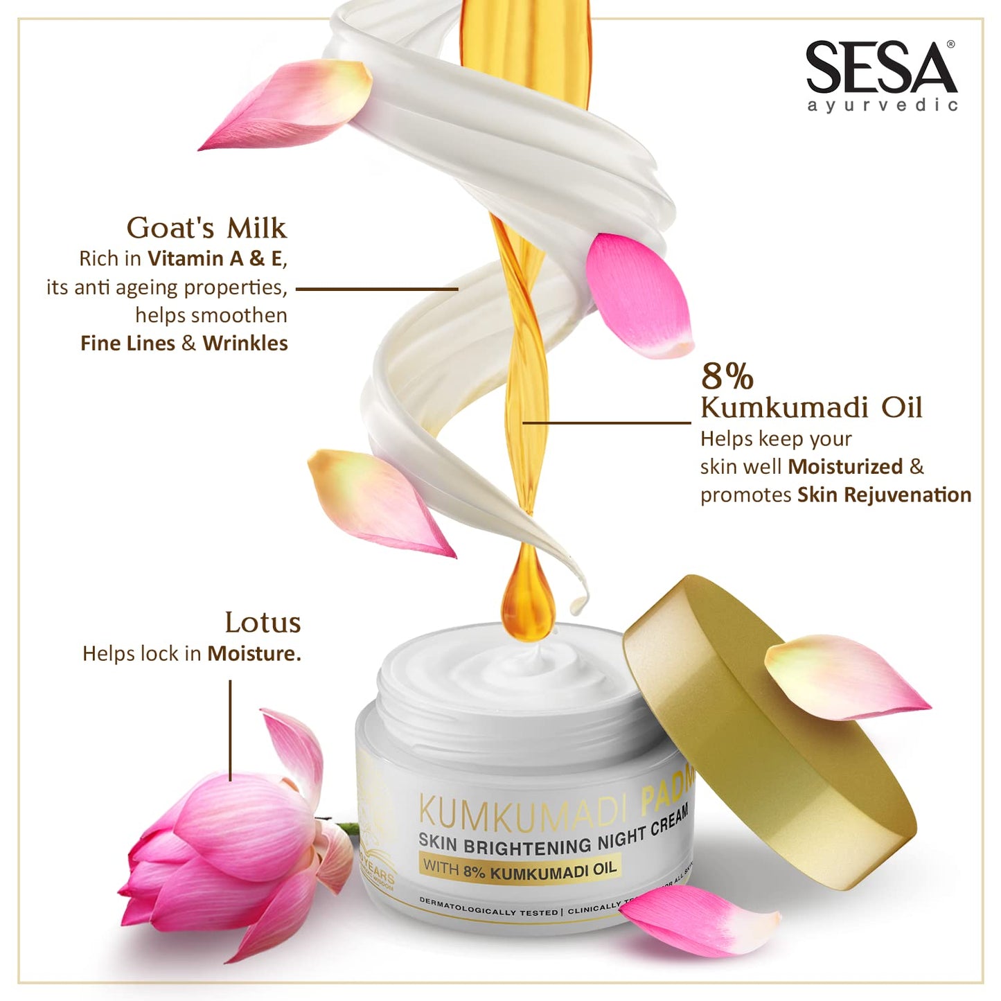 sesa 8% Kumkumadi Padma Night Cream Skin Brightening, Helps Reduce fine lines & wrinkles I Promotes Skin Rejuvenation & Skin Repair I Anti -Ageing, Even Skin Tone, 50g or 1.69 Oz