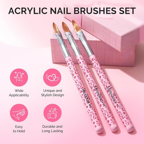 MelodySusie Acrylic Nail Brush Set - Professional 3-Piece Tool for Acrylic Art | Sizes 8/10/14 - Pink