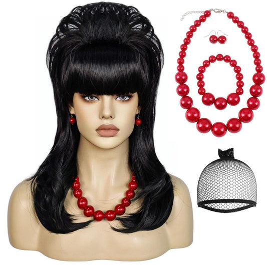 Anogol Hair Cap+ 5 Pcs Peggy Bundy Wig Black Wig with Pearl Necklace Earrings Bracelet 50s 60s Beehive Wig 1950s 1960s Wigs for Women Vintage Wigs for Cosplay Costume Halloween Party