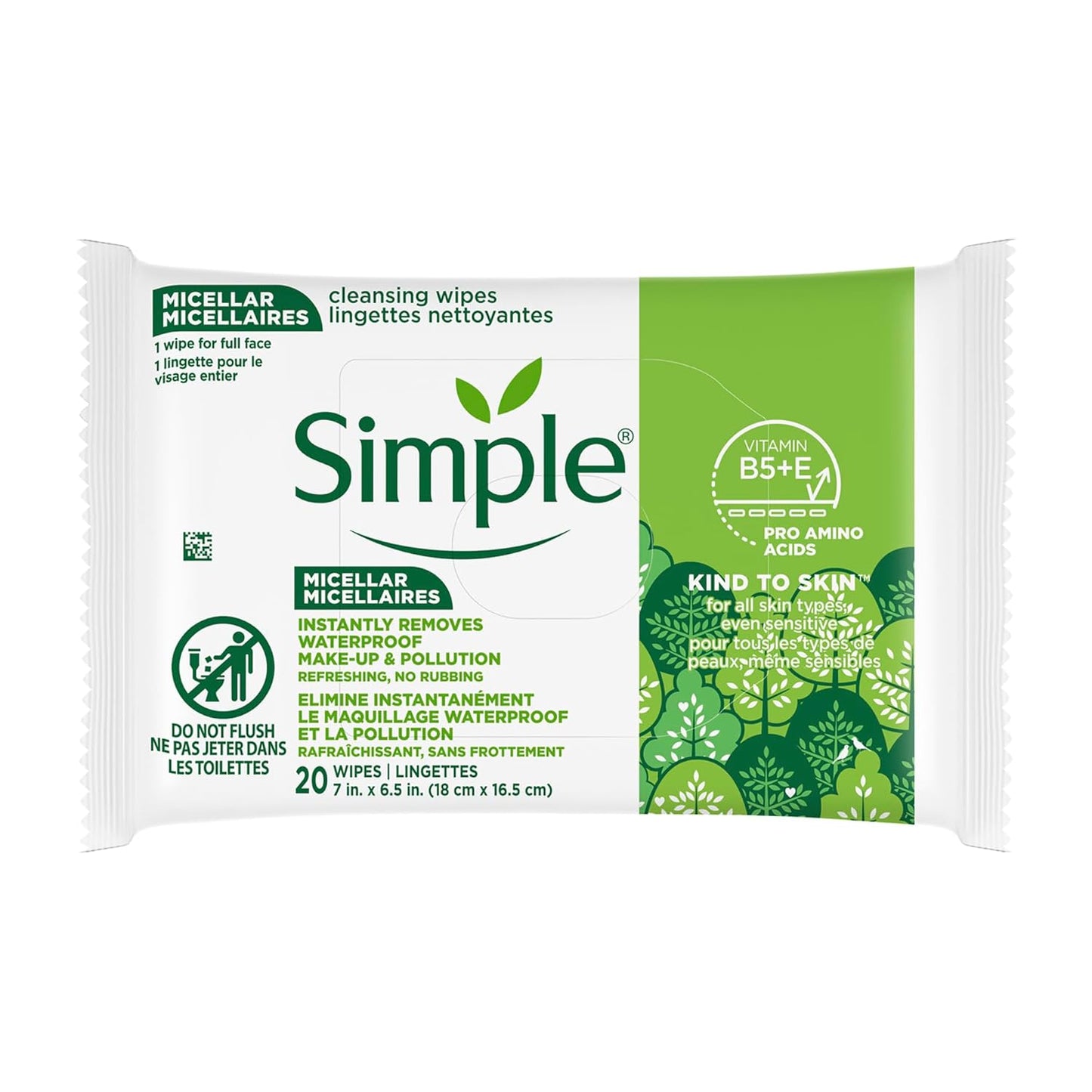 Simple Kind To Skin Micellar Makeup Remover Wipes - Instantly Remove Waterproof Makeup - 20 Vegan Wipes