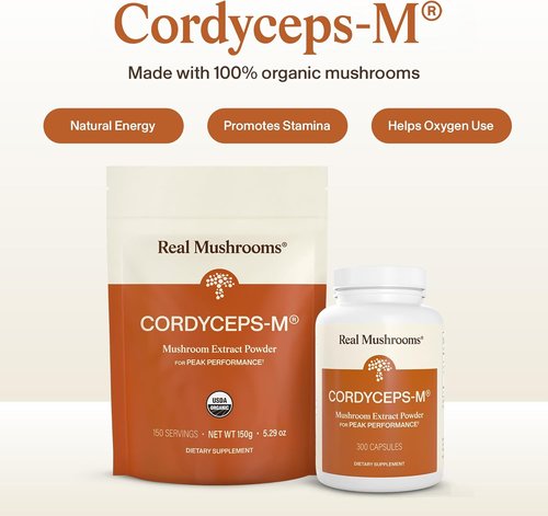 Real Mushrooms Cordyceps Capsules - Organic Energy & Performance Supplement | 300 Vegan, Non-GMO Capsules