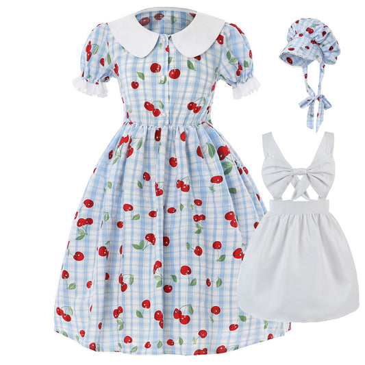 NSPSTT Prairie Dresses for Girls Pioneer Costumes for Girls Amish Dress Colonial Girl Cherry Plaid Dress, Blue, M age over 4 years old