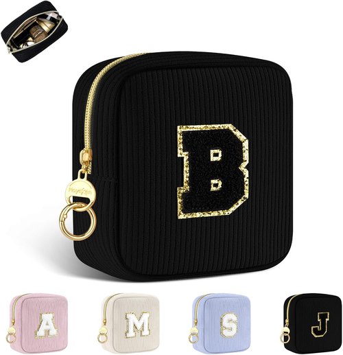 Regine Switzerland Personalized Black Corduroy Makeup Bag - Cute Monogrammed Travel Pouch (Letter B)