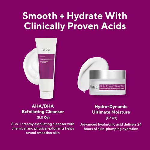 Murad Smooth + Hydrate Set - 2 Full-Sized Products for Exfoliation & Hydration | AHA/BHA Cleanser 5 Oz, Moisture 1.7 Oz