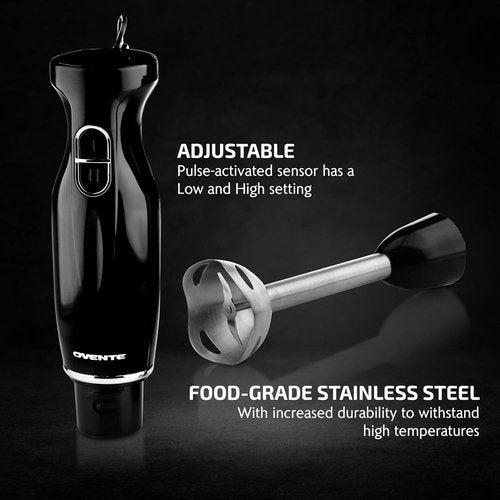 OVENTE Immersion Hand Blender, 300W Corded Electric Handheld Stick Mixer with 2 Mixing Speeds and Stainless Steel Blades for Smoothies, Purees & Baby Food, Black HS560B