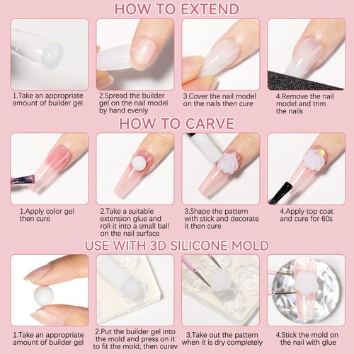 SUPWEE 3D Nail Art Gel Clear and White Solid Builder Gel for Nails Non-Stick Hand Sculpture Hard Gels with Dual Form for Carving Patterns Decoration Nail Art Home Manicure DIY