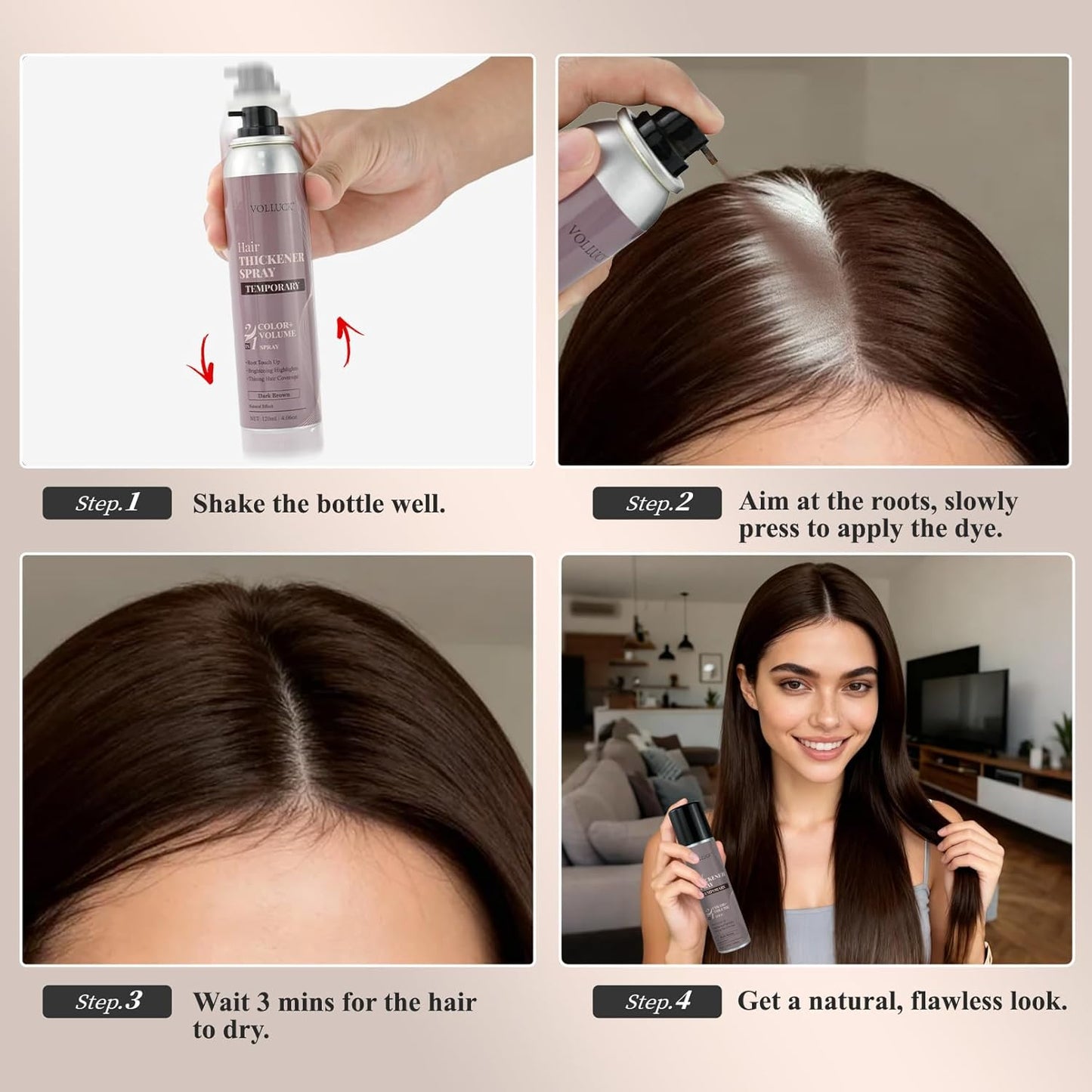 VOLLUCK Hair Thickening Spray - Temporary Black Color & Root Touch-Up for Grey Coverage | Volumizing Solution
