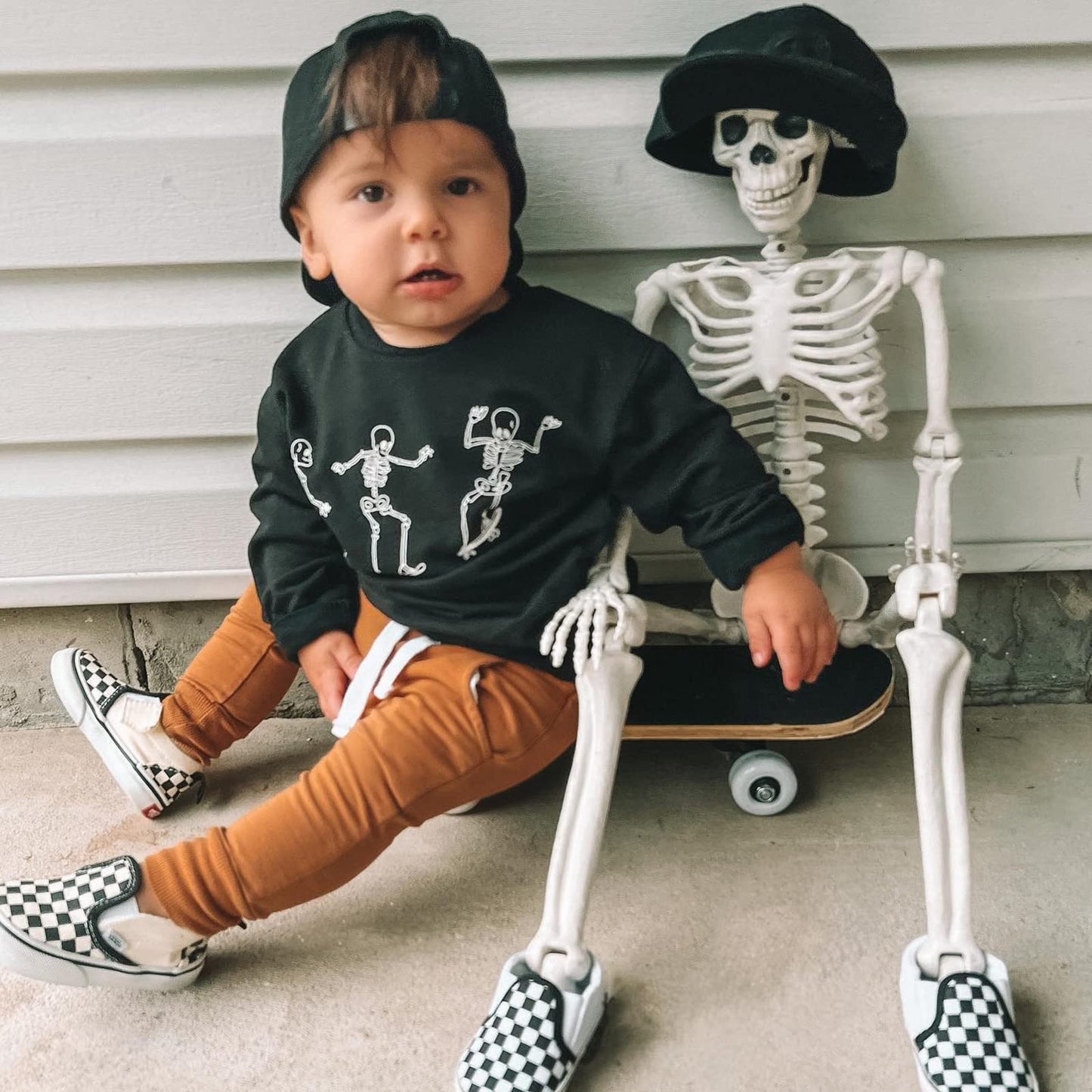 FYBITBO Infant Baby Boy Halloween Outfit Spooky Skeleton Crewneck Sweatshirt Top Shirts Pants Fall Halloween Clothes Set (Black-skeleton outfit, 3-6 Months)