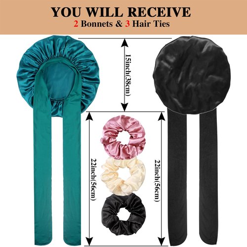 2+3 Large Satin Bonnets with Scrunchies for Women, Hair Bonnet Sleeping Tie Bonnet for Braids Curly Hair, D