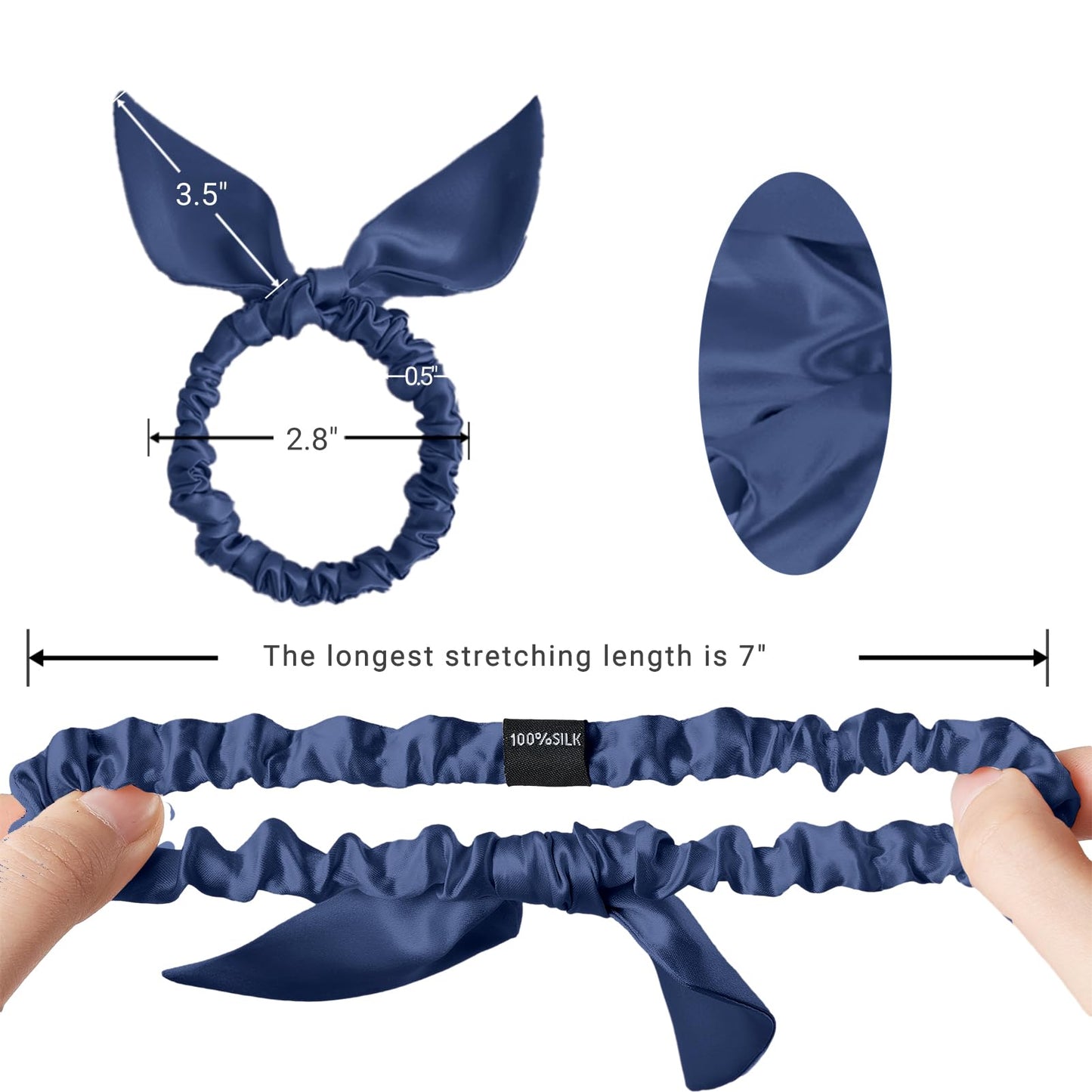 THXSILK Hair Silk Scrunchies with Bow for Women Pure Mulberry Silk Hair Cute Ring Ties Scrunchies for Girls Women's Thick Hair, Navy Blue, 2.8"