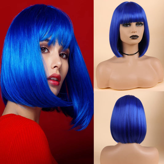 CLSHES Blue Bob Wig with Bangs Short Bob Wigs for Women Straight Bob Wig 12 Inch Synthetic Colorful Wigs Cosplay Party Daily Wig