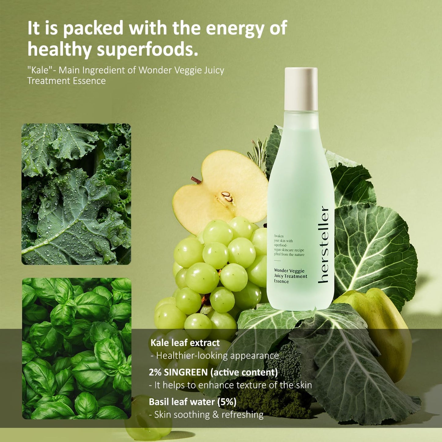 Hersteller Wonder Veggie Juicy Treatment Essence 150ml, 5.07 Fl Oz Superfood Kale Leaf Extract Vegan Facial Skin Hydrating Soothing Korean Skincare