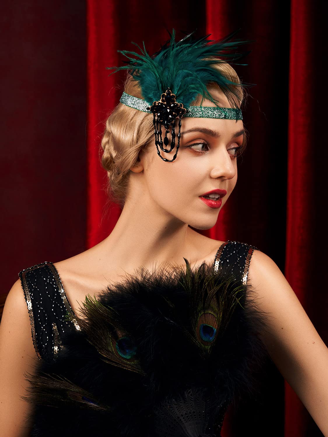 SWEETV Flapper Headband 1920s Headpiece for Women, Rhinestone Feather Great Gatsby Headpiece Hair Accessories for Women,Dark Green