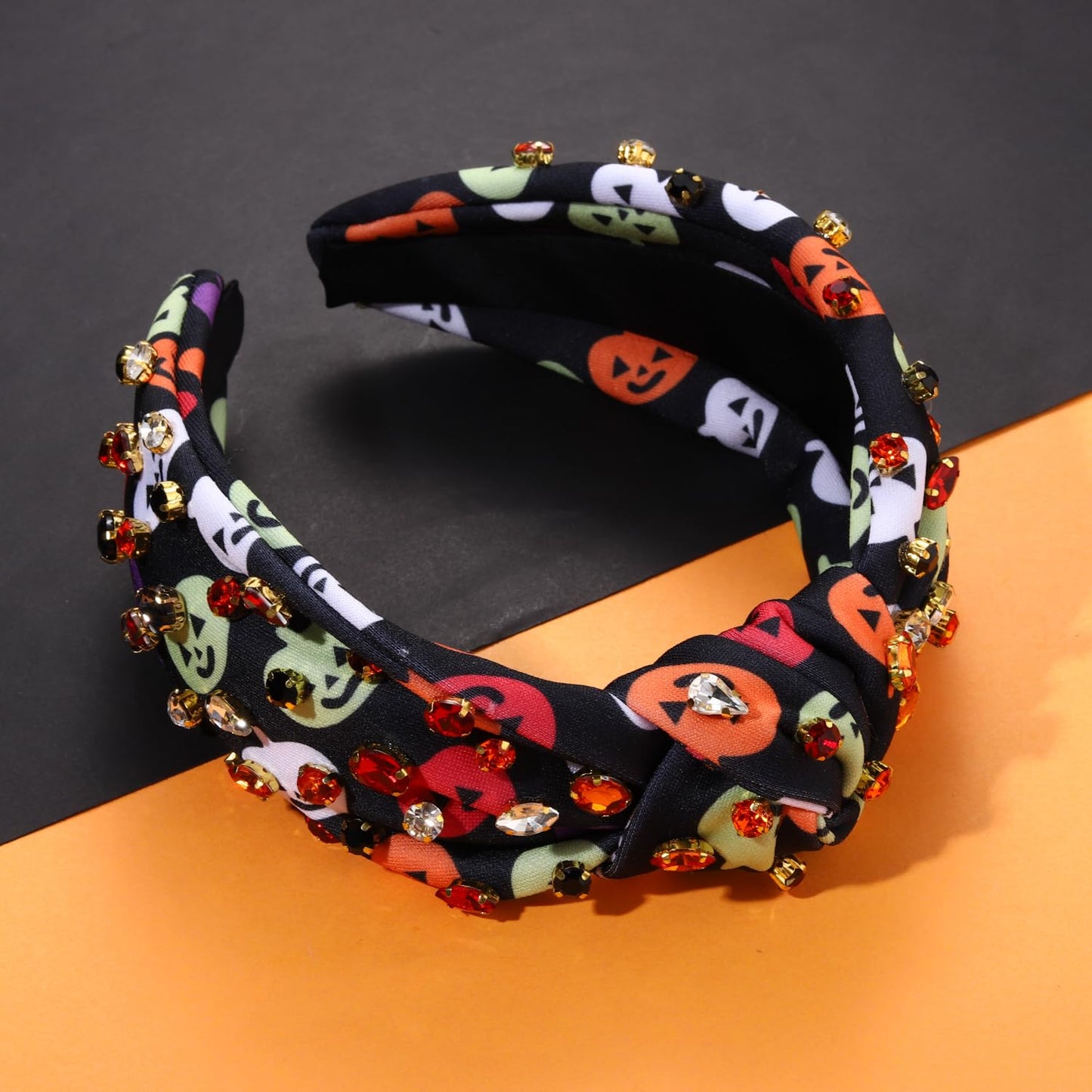 Halloween Crystal Knotted Headband for Women Rhinestone Jeweled Embellished Spooky Ghost Print Wide Top Knot Hairband Halloween Costume Party Hair Accessory (Colorful Pumpkin)