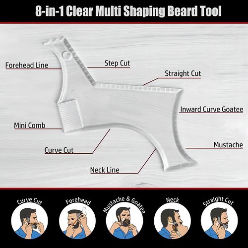 4PCS Men's Beard Shaping Tool Template, Beard Guide Shaper with Inbuilt Comb, Multi-liner Edges Shave for Curve/Straight/Neckline/Goatee/Sideburns (Clear-4pcs)