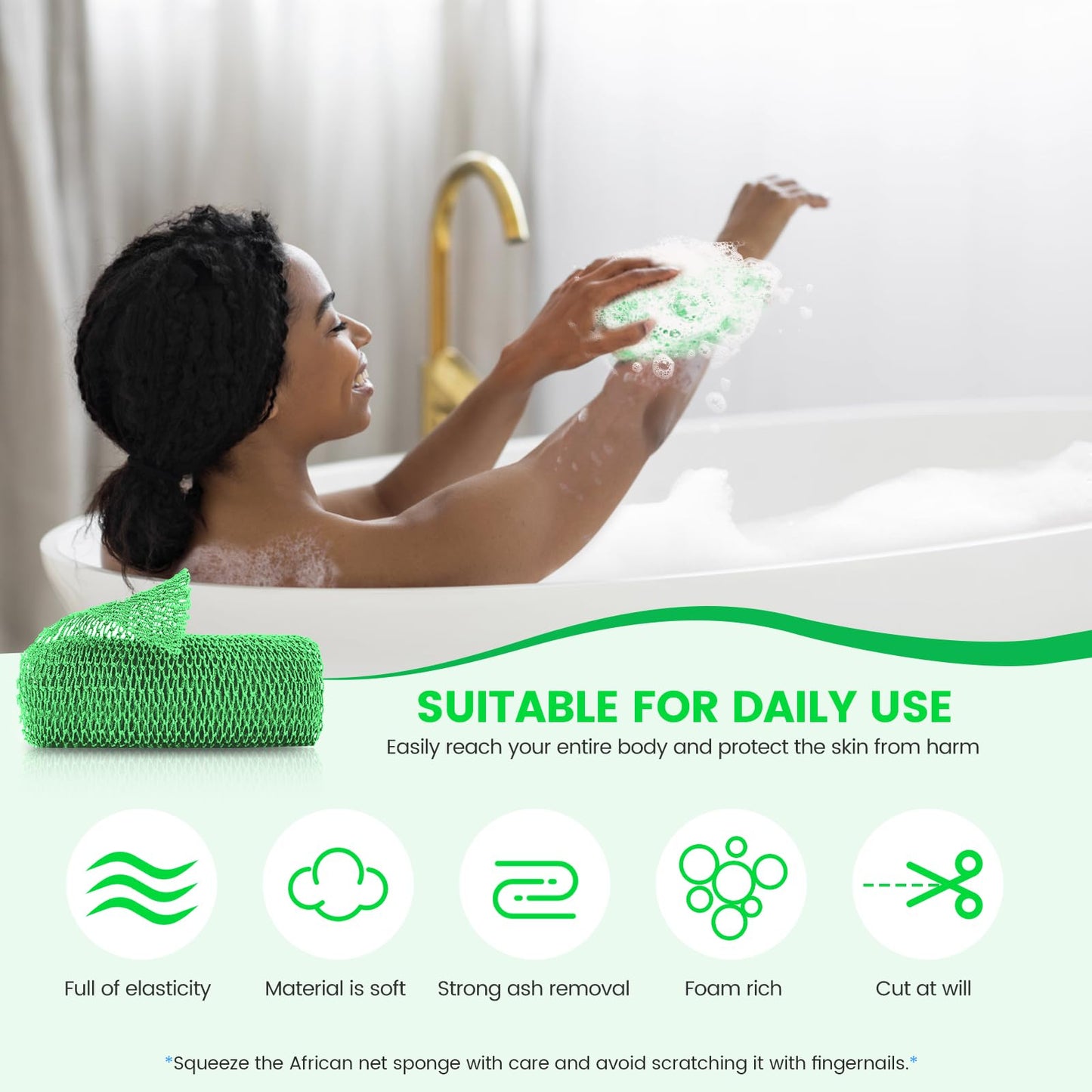 ZOCY African Net Sponge, Authentic Exfoliating Body Scrubber for Bath and Shower, Multiple Textures with Gentle Deep Exfoliating and Rich Lather for All Skins (Green)