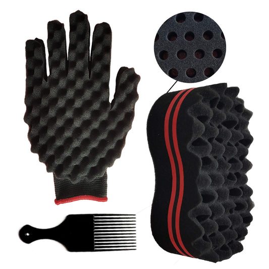 WULI PEACH 2PCS Hair Curl Sponge, Magic Curly Sponge Gloves Barber Curl Twist Sponge Glove Hair Sponge for Curling Twisting and Dread, Hair Brush Sponges for Black Men Curls (Twist Brush+Glove)