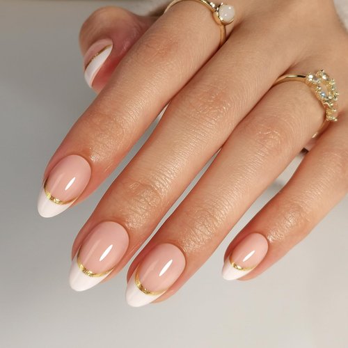 SHANGMENG White French Tip Press on Nails with Gold Line Design - Soft Gel Almond Press on Nails Short for Women, Glossy Glue on Nails with Glue in 16 Sizes - 32 Reusable Fake Nails, Gold Ribbon