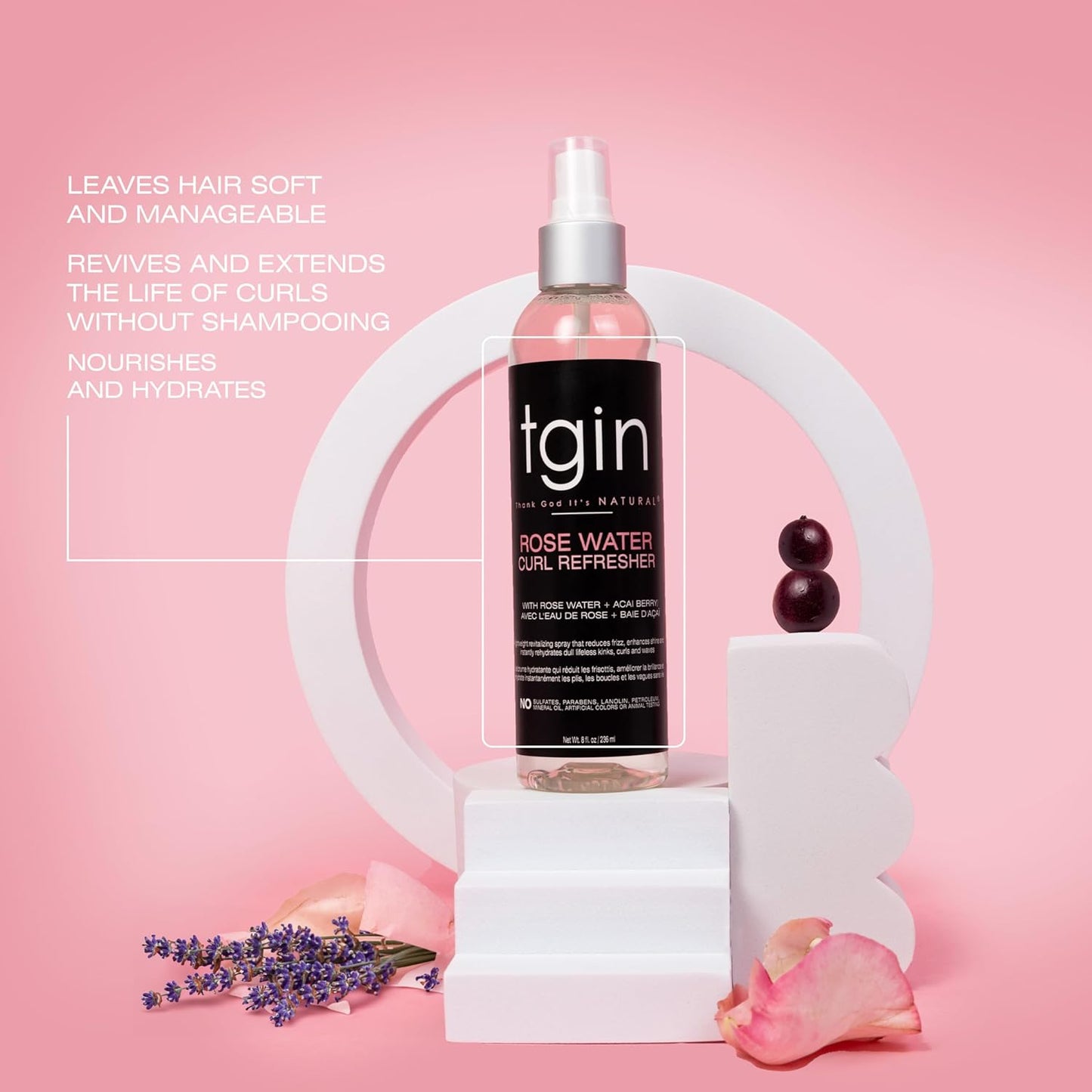 tgin Rose Water Curl Refresher - Moisturizing Curl Spray for Curly, Coily & Wavy Hair - 8 Fl Oz
