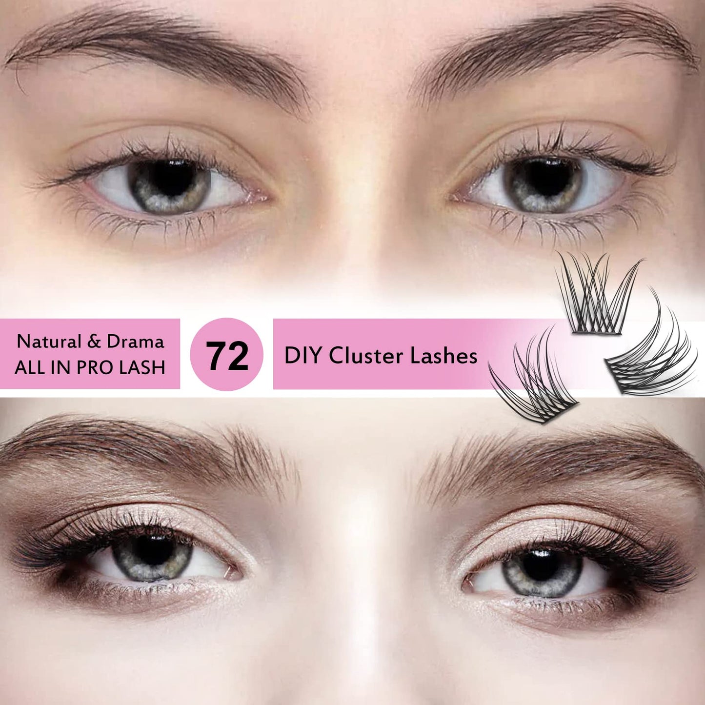 Cluster Lashes, 72 Pcs Individual Lashes, Lash Clusters DIY Eyelash Extension, Natural Lashes Super Thin Band Reusable Soft & Comfortable(Natural, D-16mm)