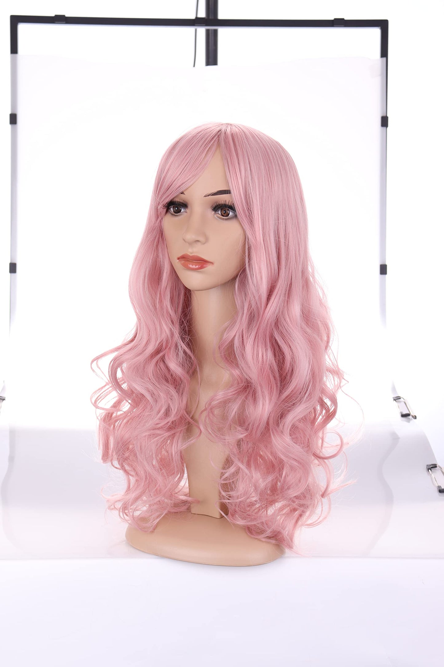 BERON Pink Wig Long Wavy Wig Lovely Pink Wig with Bangs for Women Candy Pink Wig Long Curly Wig Pink Synthetic Wig with Wig Cap