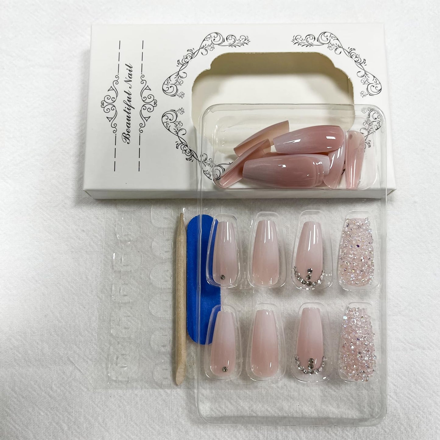 Diamond Press on Nails Medium Square Fake Nails Pink Glue on nails Gradient False Nails with Design Rhinestone Stick on Nails Full Cover Glossy Acrylic Nails for Women and Girls Manicure 24pcs