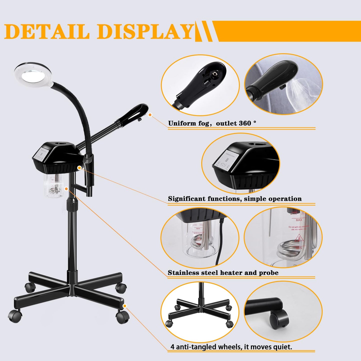 Facial Steamer Professional, 2 in 1 Ozone Facial Steamer on Wheels, with 5X Magnifying Lamp, Facial Steamer with Time Setting, Stand Facial Steamer Adjustable Height for Spa, Salon and at Home use