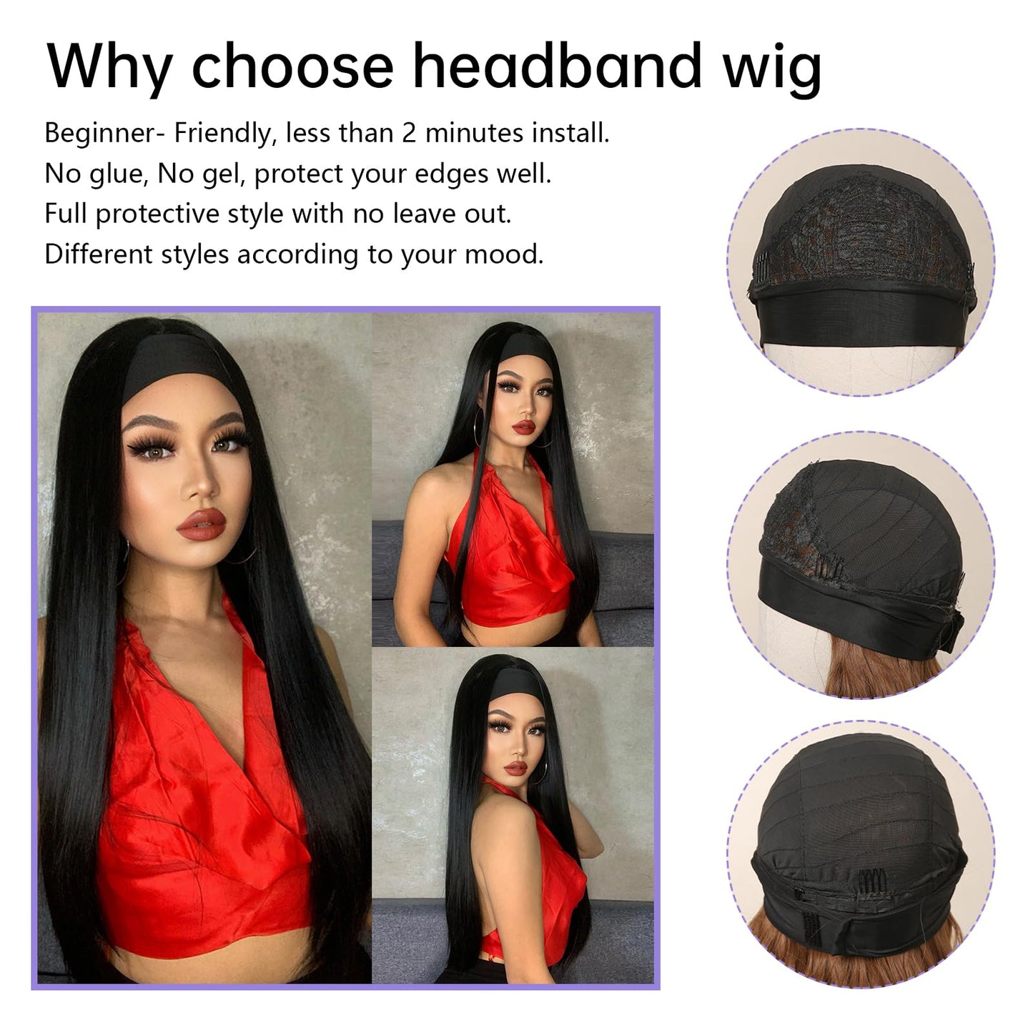 testar Headband Wig Black Wigs for Women Long Straight Wig Silky Hair Natural Color Cute Wigs None Lace Front Synthetic Wig High Density