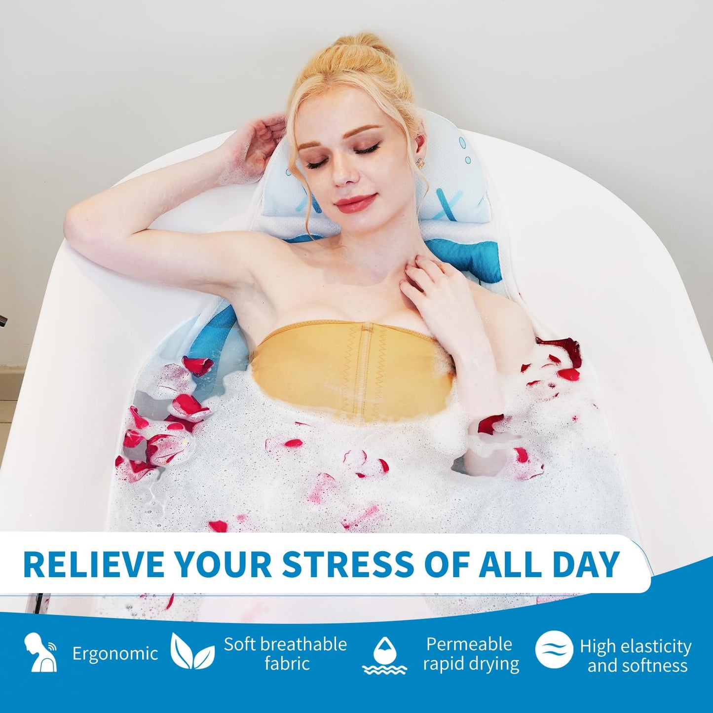 MANDREX Bath Pillow, Bath Pillow for Tub, Luxury Bathtub Pillow for Neck and Back Support,4D Mesh Fabric and Non-Slip Suction Cups,Relaxing Bath Accessories for Women and Men,Fits All Bathtubs