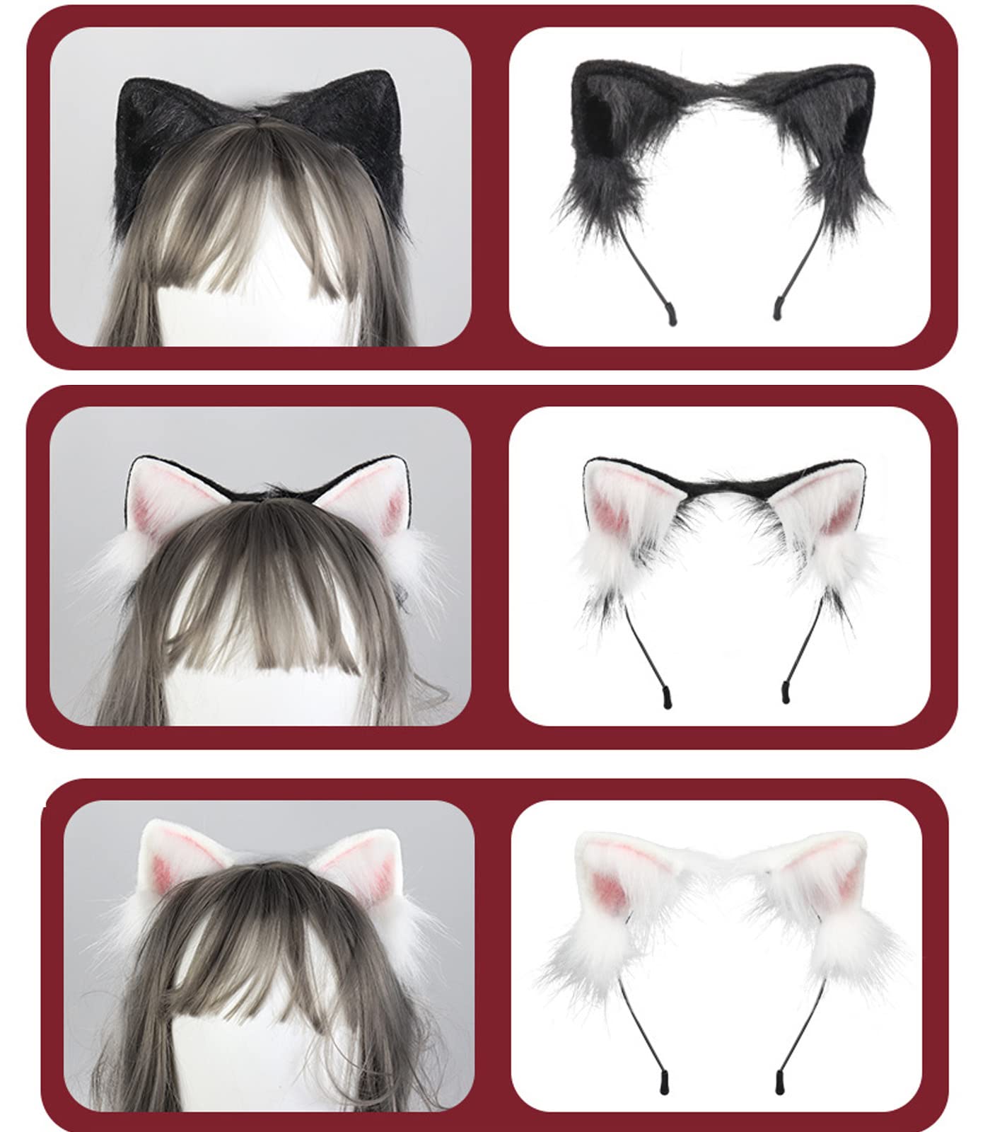 Cat Ears Long Fur Headband Handmade Cute Halloween Fancy Dress Cosplay Animal Furry Wolf Ears Hair Hoop (White)