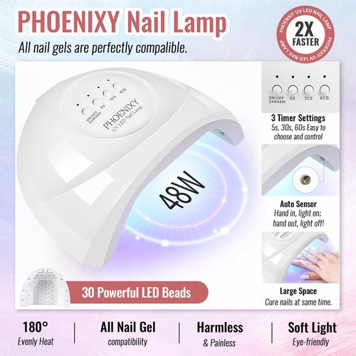 Phoenixy 71 Pcs Gel Nail Polish Kit with U V Light, 55 Colors Glittle Gel Nail Polish 5pcs Base Top Coat Pink Blue White Black Red DIY Manicure Starter Set for Beginners Gift for Women