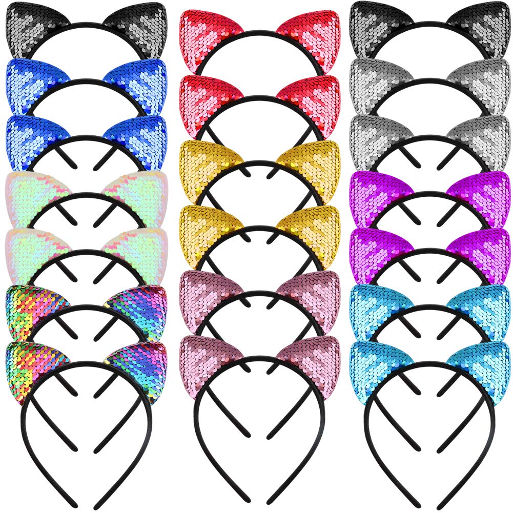 WXJ13 20 Pieces Cat Ears Headbands Reversible sequin headband Cute Cat Headbands