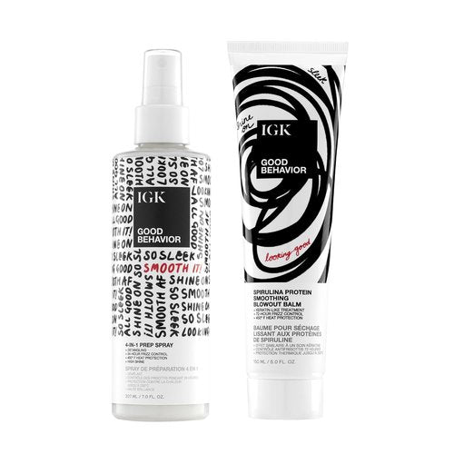 IGK Good Behavior Hair Prep Spray & Smoothing Blowout Balm Duo - Frizz Control, Shine & Manageability | Vegan & Cruelty-Free