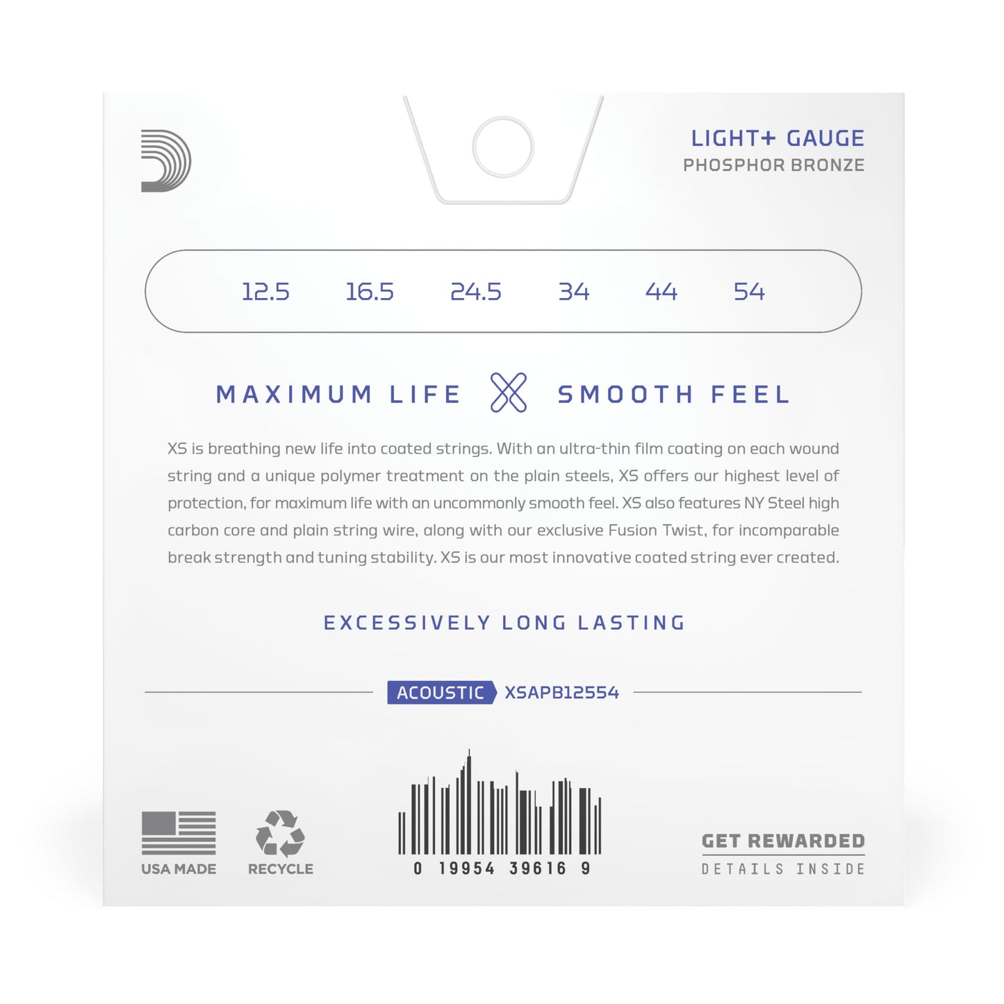 D'Addario Acoustic Guitar Strings, XS Phosphor Bronze Coated, XSAPB1256, Light Top/Medium Bottom Gauge 12-56, 6-String Set, Pack of 1