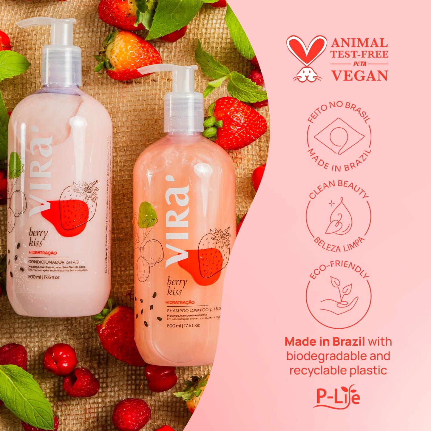 VIRÁ Brazilian Shampoo & Conditioner Set - Deep Moisturizing Treatment for All Hair Types | Hydrating Strawberry & Raspberry 17.6 Fl Oz Each