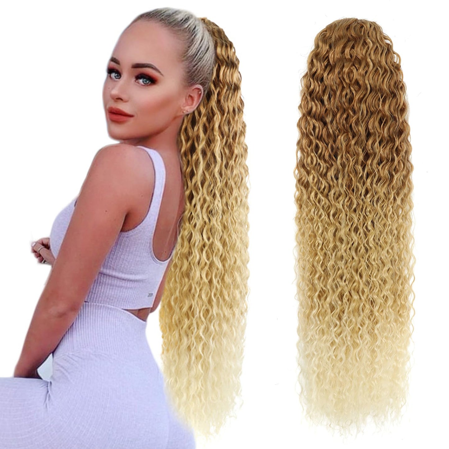 Long Curly Drawstring Ponytail Extension 30Inch Corn Wave Clip in Ponytail Extensions Synthetic Hairpiece for Black Women(0T27/613)