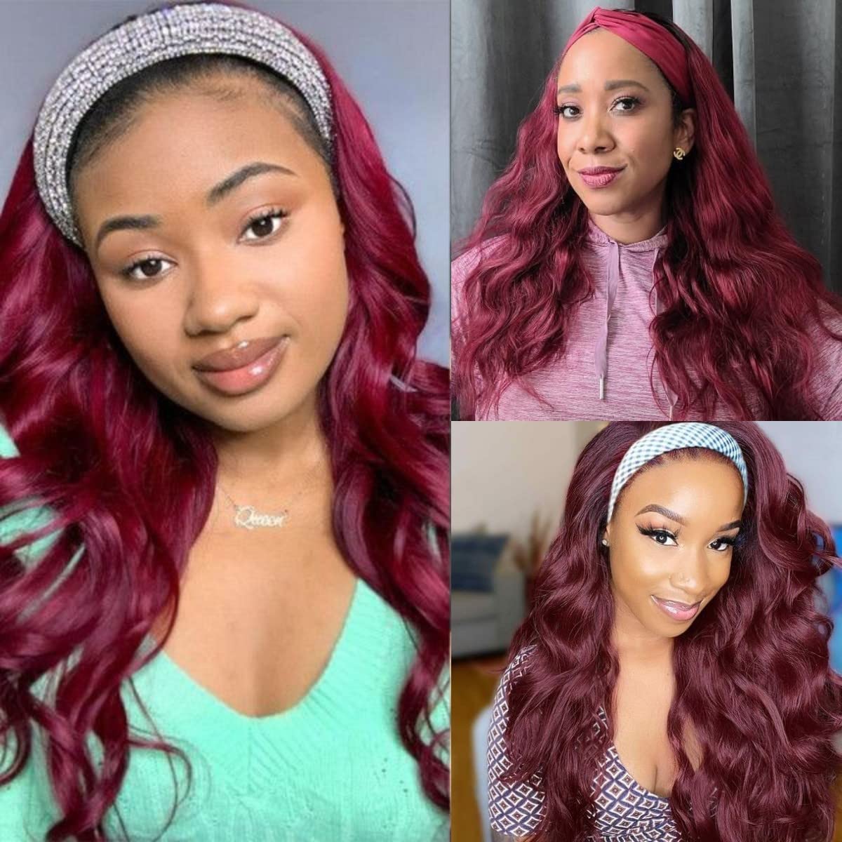 SAPPHIREWIGS Loose Body Wavy Glueless Headband Wig Synthetic Hair Wigs for Black Women Wave None Lace Front Wigs Burgundy Red Color Machine Made Wigs 150% Density 26inch