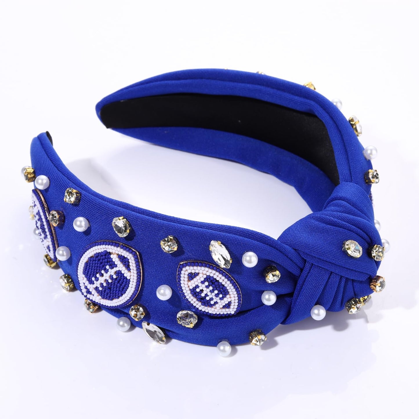 YAHPERN Knotted Headband with Crystals and Pearls for Women - Wide Jeweled Top Knot Headband for Sports, Baseball, and Fan Gifts (Football White&Blue)